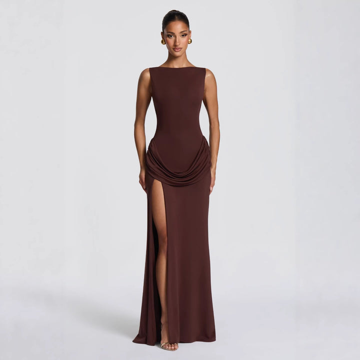 Damen elegantes Wickel-Maxikleid mit asymmetrischem Rüschendesign und sexy Schlitz Drune
