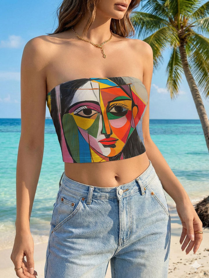 Damen Bandeau-Top mit floralem Vogelmotiv und elastischer Passform Drune