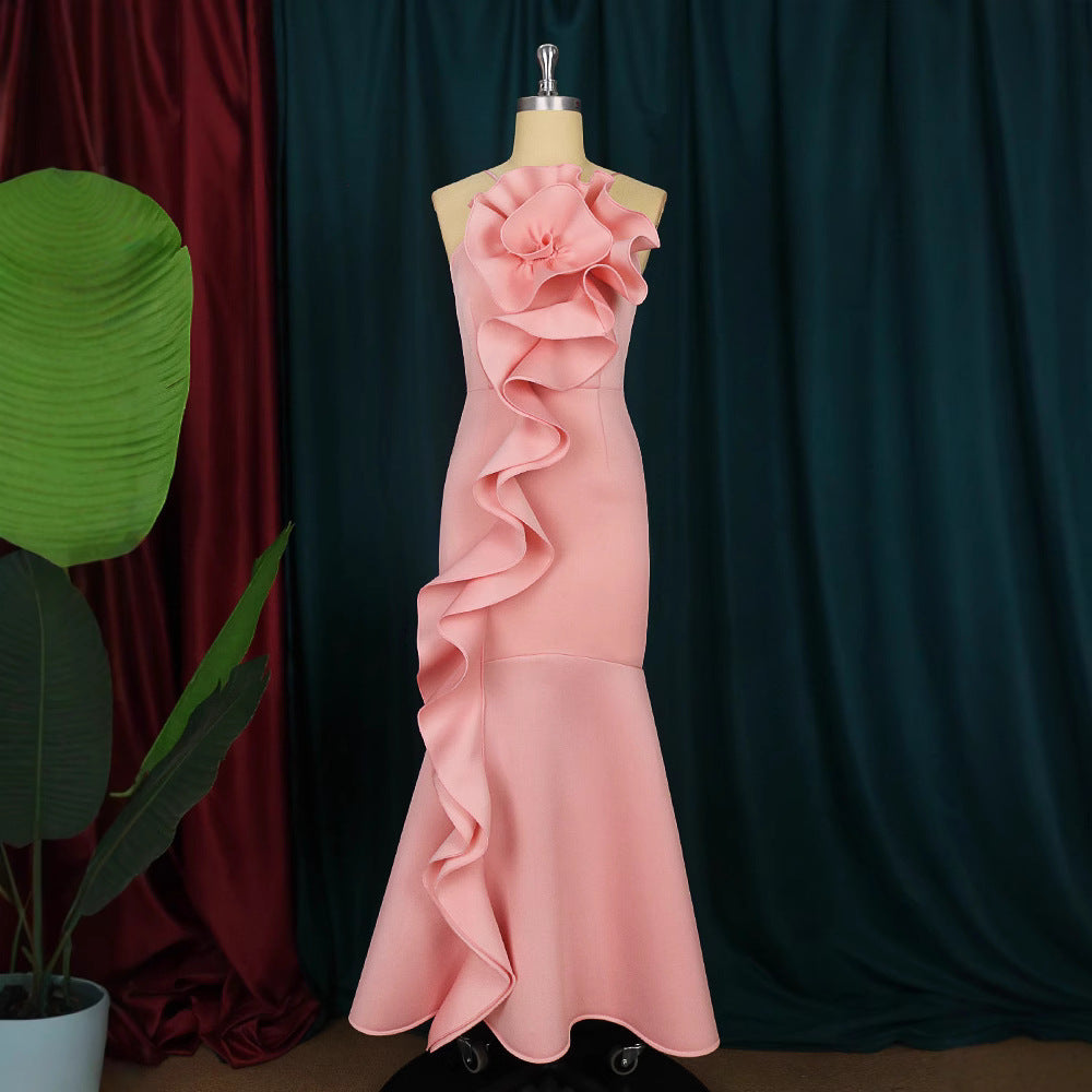 Damen elegantes Abendkleid mit asymmetrischen Rüschen Drune