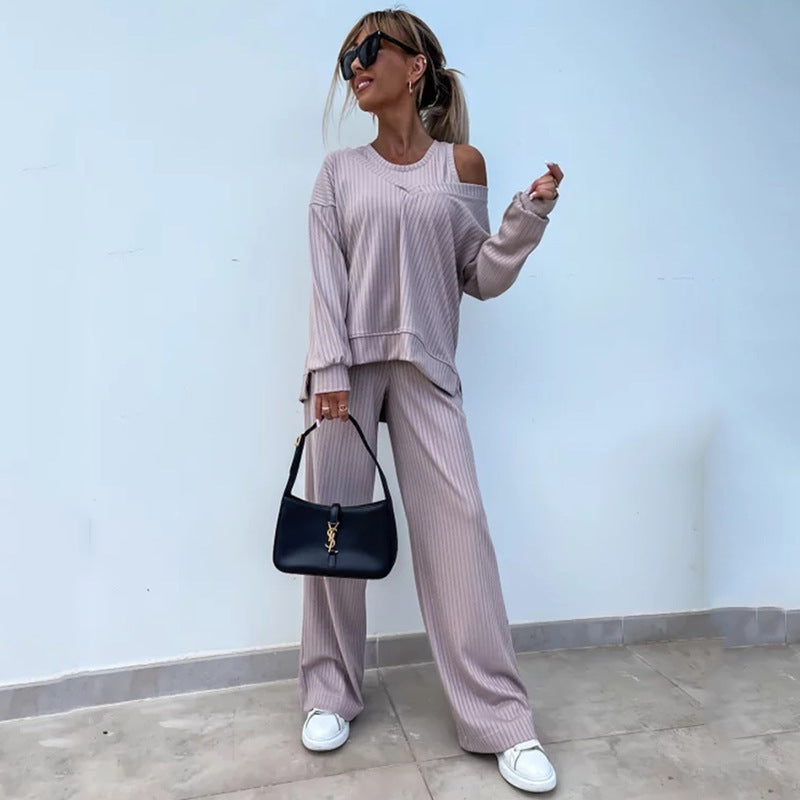 Damen nan elegantes Rippstrick-Zweiteiler Lounge-Set mit einseitigem Schulterfreischnitt und weitem Palazzo-Hosenbein Drune