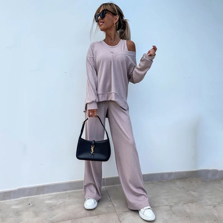 Damen nan elegantes Rippstrick-Zweiteiler Lounge-Set mit einseitigem Schulterfreischnitt und weitem Palazzo-Hosenbein Drune