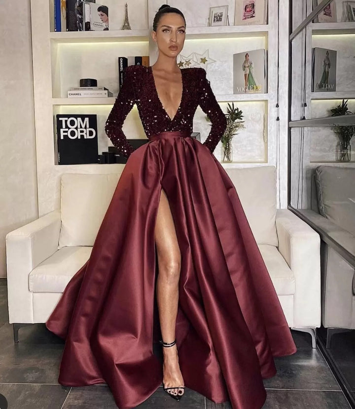 Damen Glamouröser Abendkleid mit tiefem V-Ausschnitt und schimmernden Akzenten Drune