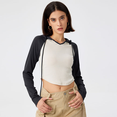 Damen cropped Sportoberteil mit Kapuze und langen Ärmeln Drune