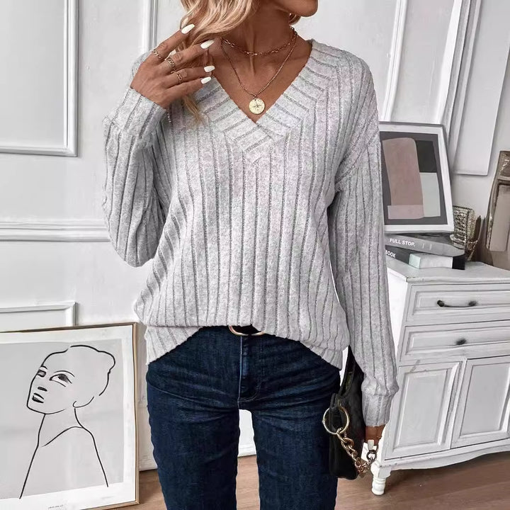 Damen V-Ausschnitt Pullover mit Rippenstruktur Drune