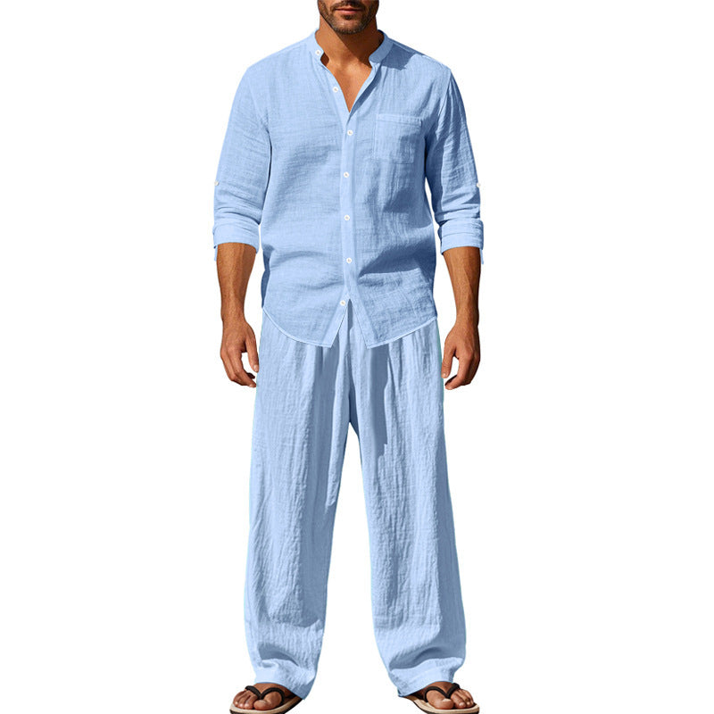 Herren entspannendes Leinen-Outfit im lässigen Design mit durchgehender Knopfleiste und praktischen Taschen Drune