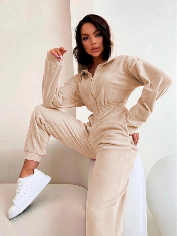 Damen Velours-Jumpsuit mit Kapuze und elastischem Bund Drune