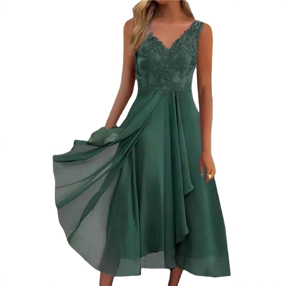 Damen nan elegantes Abend-Midikleid mit bestickter Spitzen-Büste, taillierter Drapierung und fließendem Lagenrock Drune
