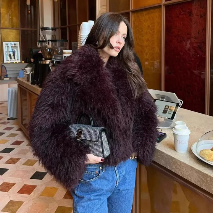 Damen kuschelige Kunstfelljacke mit Schalkragen und eleganter Silhouette Drune