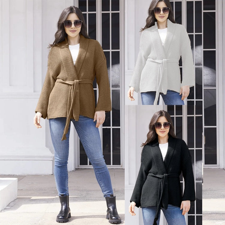 Damen Strickjacke mit modernem Wickeldesign und praktischen Bindegürtel Drune