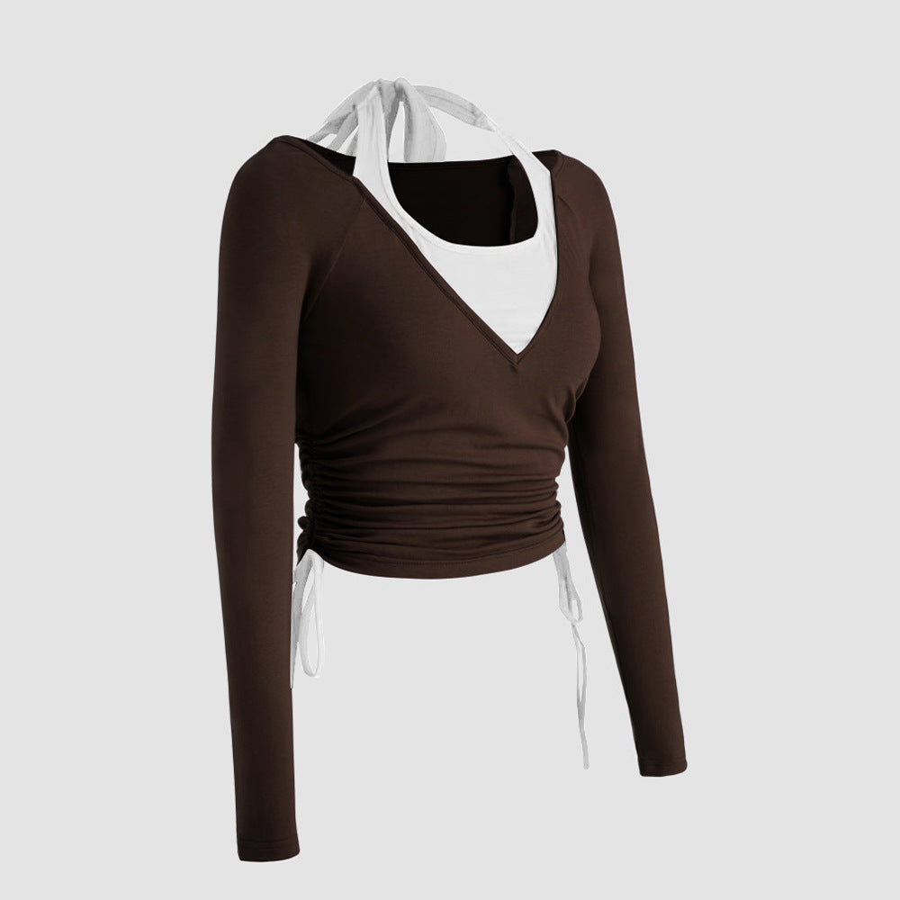Damen Longsleeve Shirt mit doppeltem Design und Raffung Drune