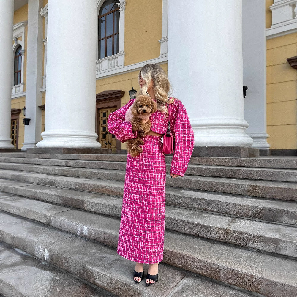 Damen Maxikleid mit innovativem Karo-Design und Volantärmel Drune