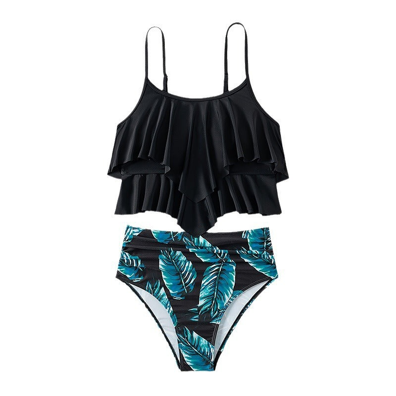 Damen Hoch tailliertes Bikini-Set mit frischem Pflanzenmuster Drune