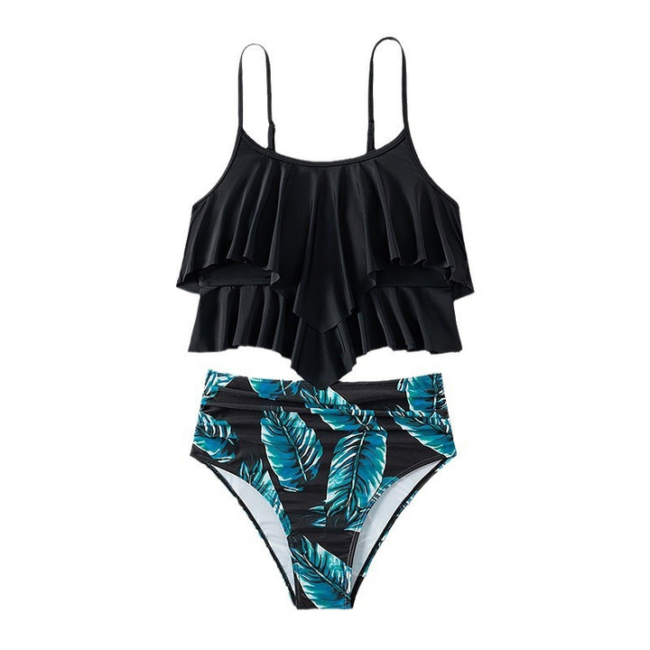 Damen Hoch tailliertes Bikini-Set mit frischem Pflanzenmuster Drune