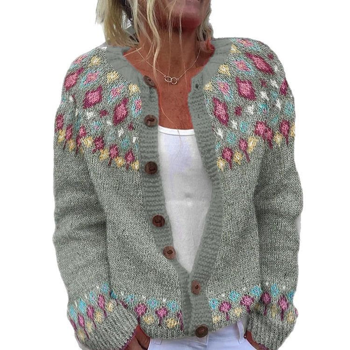 Damen nan gemusterte Strickjacke mit Rundpasse, Holzknöpfen und Eingrifftaschen Drune