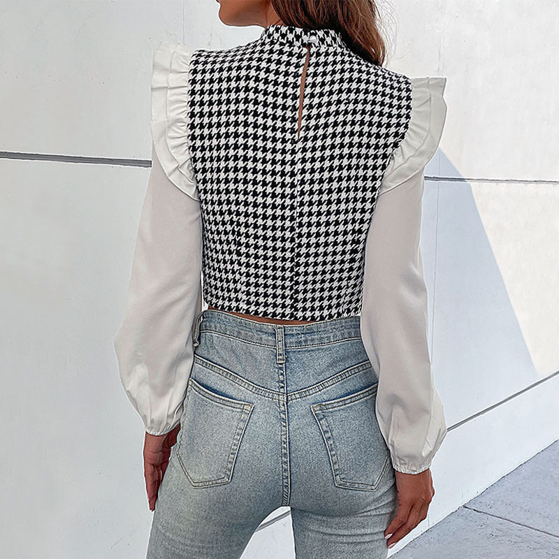 Damen Crop-Top mit voluminösen Ärmeln und modischem Karomuster Drune