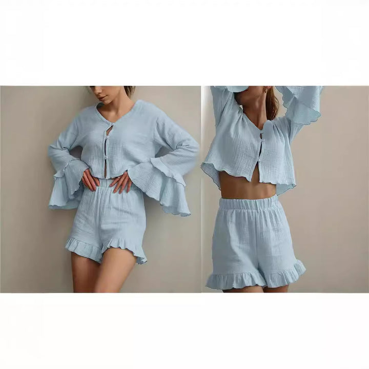 Damen Set aus luftiger Bluse und Shorts mit Volants Drune
