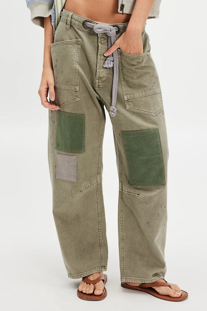 Damen nan hochgeschnittene Jeans im weiten Schnitt mit aufgesetzten Taschen und Kordelzug Drune