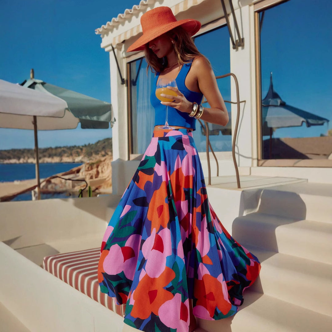 Damen Maxi-Rock mit buntem Blumendesign und fließendem Fall Drune