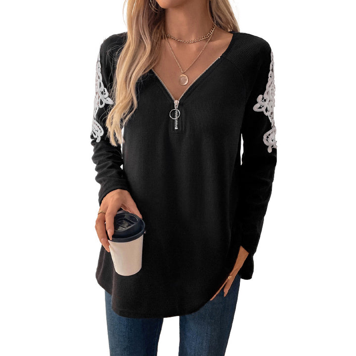 Damen elegantes Longsleeve mit Zip und Spitzenakzenten Drune