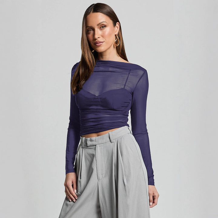 Damen Elegantes Langarmoberteil mit transparentem Mesh und Raffung Drune