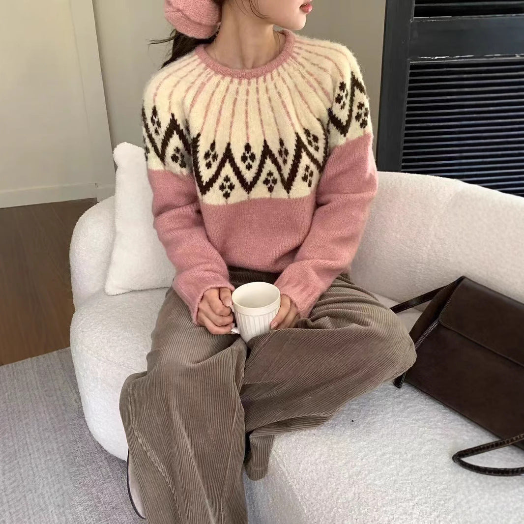 Damen Gemütlicher Strickpullover mit geometrischem Print und Rundhalsausschnitt Drune