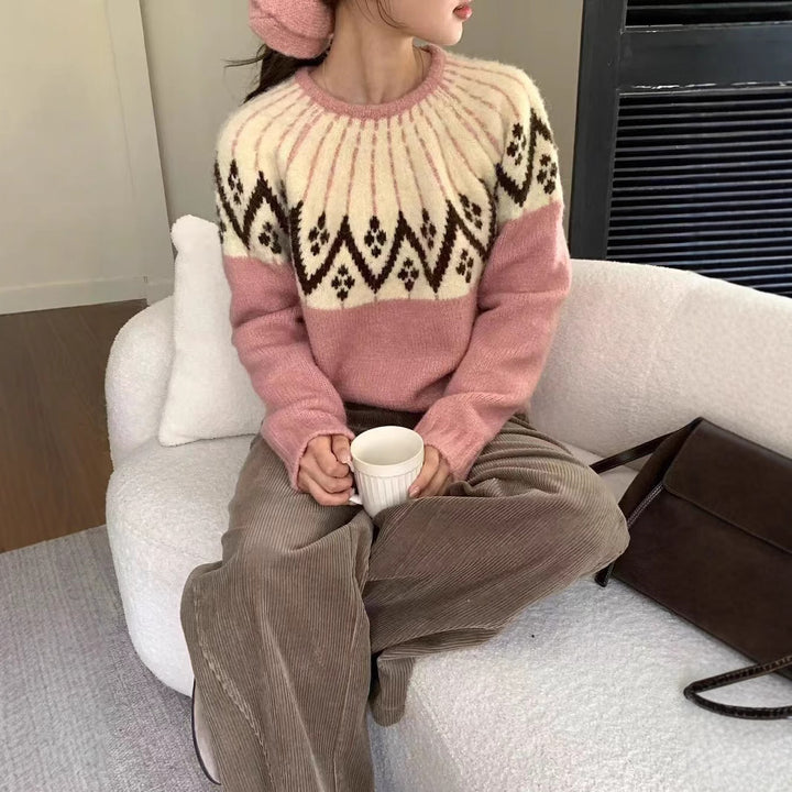Damen Gemütlicher Strickpullover mit geometrischem Print und Rundhalsausschnitt Drune