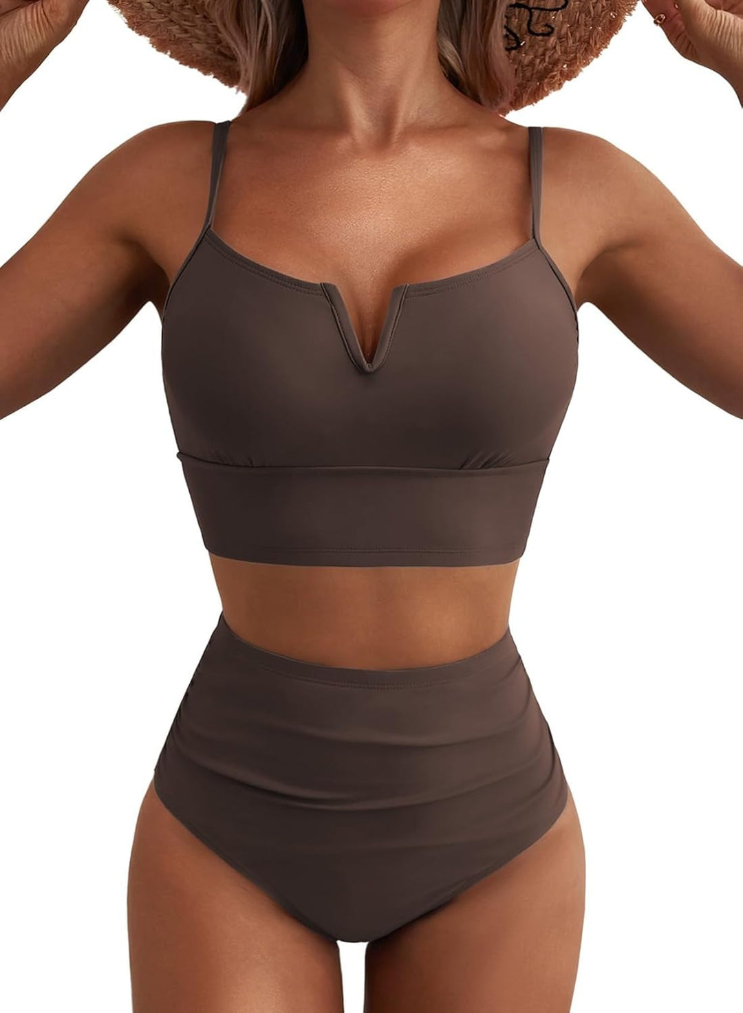Damen Hochtailliertes Bikini-Set mit V-Ausschnitt und breiten Trägern Drune