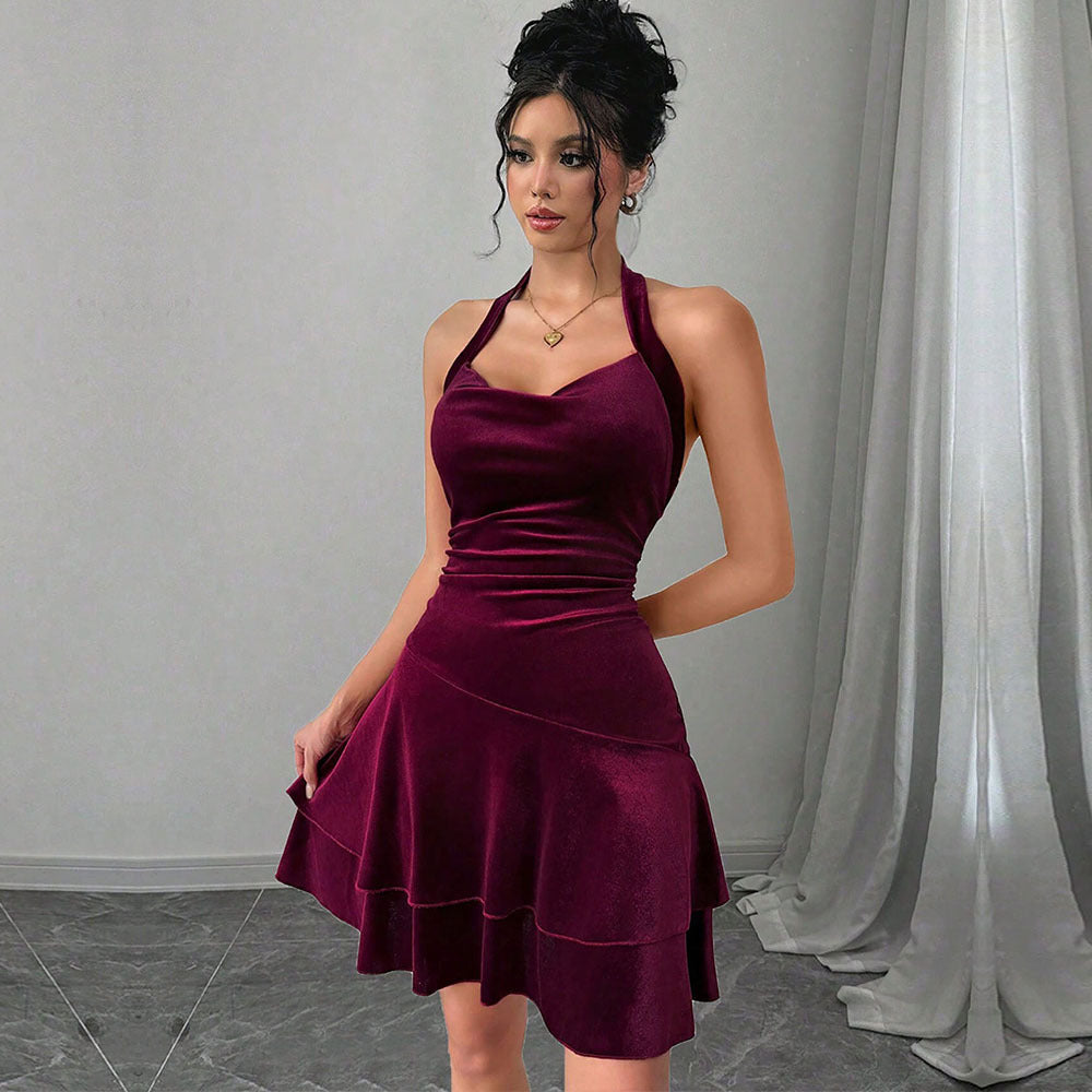 Damen figurbetontes Abendkleid mit rüschendem Rock und Neckholder-Design Drune