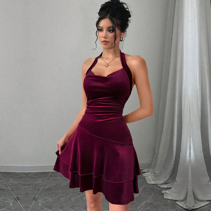 Damen figurbetontes Abendkleid mit rüschendem Rock und Neckholder-Design Drune
