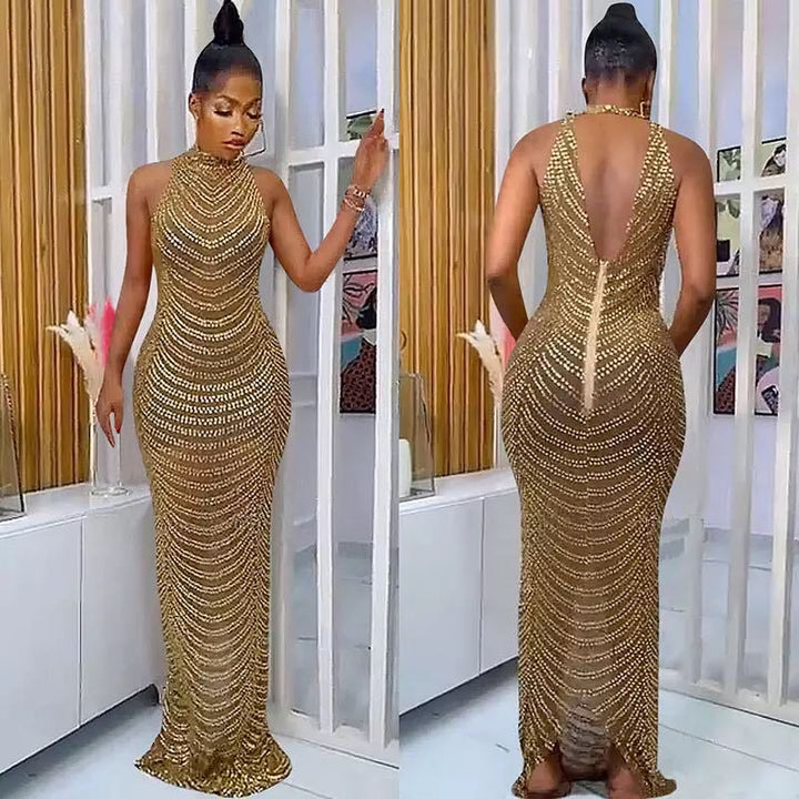 Damen Glamouröses Pailletten-Maxikleid mit figurbetontem Schnitt und schickem Rückenausschnitt Drune