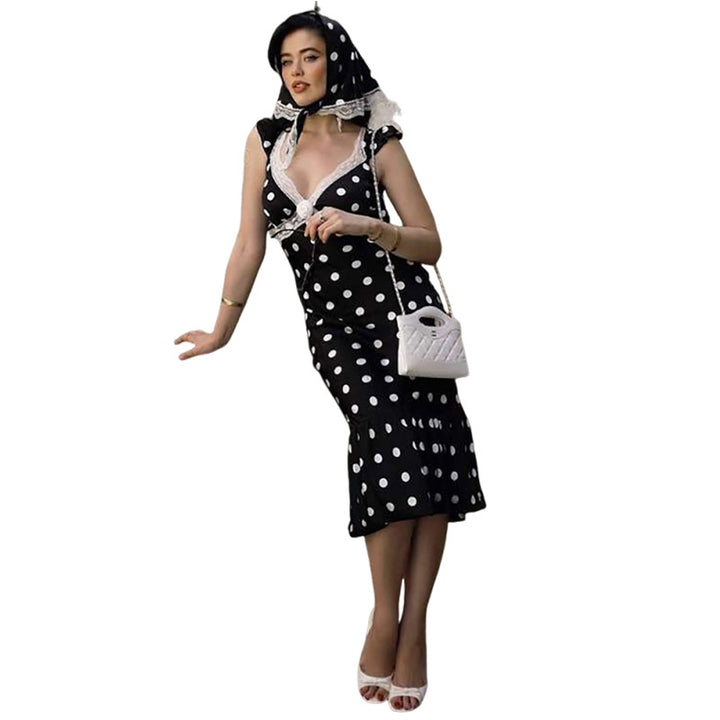Damen Figurbetontes Polka-Dot Kleid mit Spitzenapplikation Drune