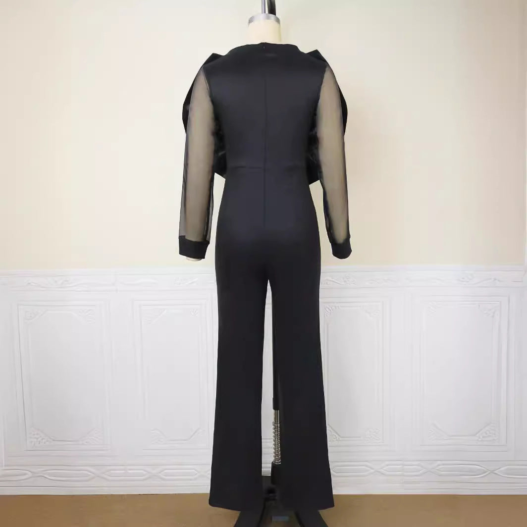 Damen eleganter Jumpsuit mit voluminösem Satinkragen und transparenten Ärmeln Drune