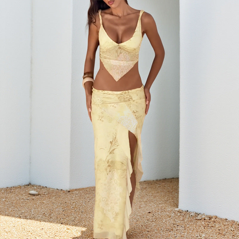 Damen elegantes Wickelkleid mit transparenten Einsätzen und hohem Beinschlitz Drune