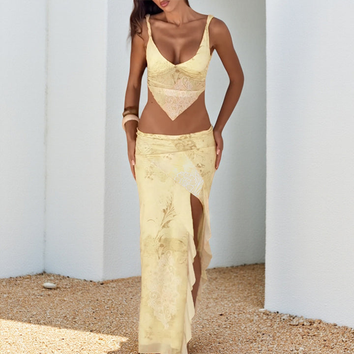 Damen elegantes Wickelkleid mit transparenten Einsätzen und hohem Beinschlitz Drune