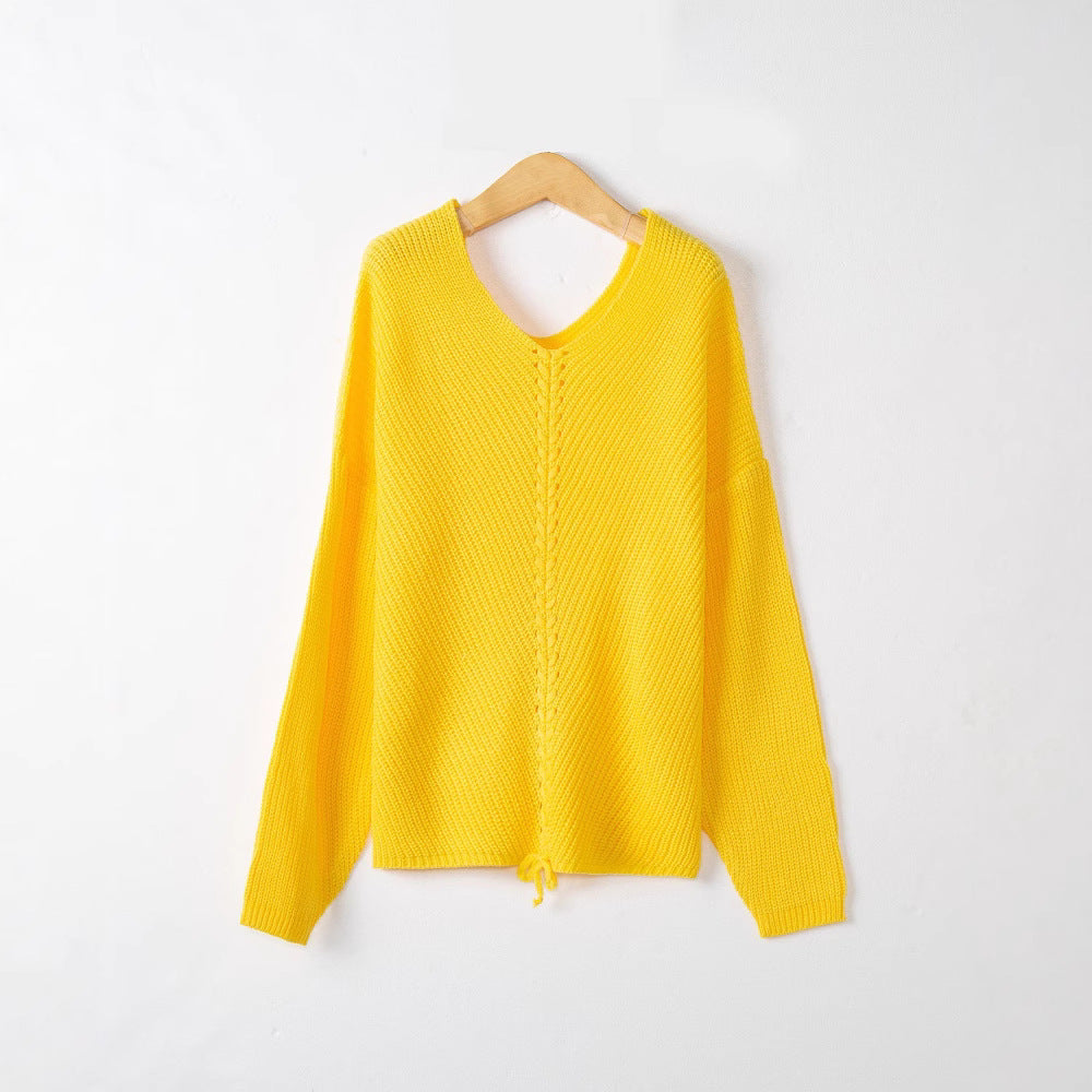 Damen Grobstrick Pullover mit attraktivem V-Ausschnitt und praktischen Kordeldetails Drune