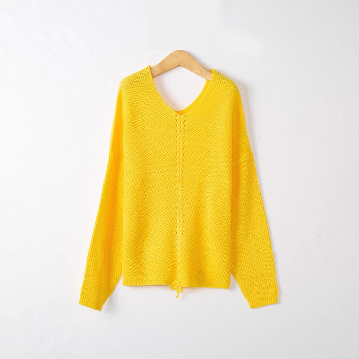 Damen Grobstrick Pullover mit attraktivem V-Ausschnitt und praktischen Kordeldetails Drune
