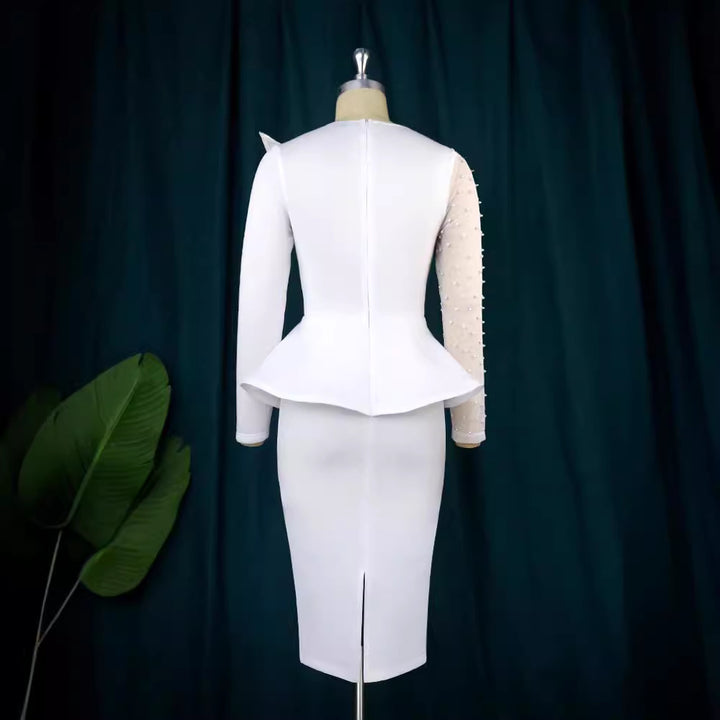 Damen Etuikleid mit transparenten Puffärmeln und dekorativem Peplum Drune
