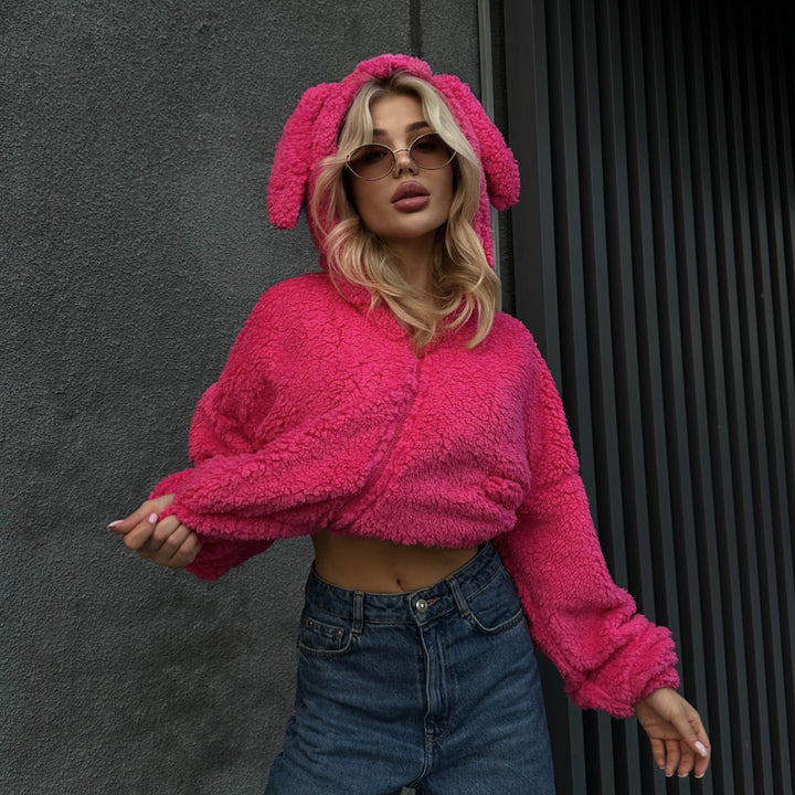 Damen kuschelige Fleecejacke mit tierischem Kapuzen-Design Drune