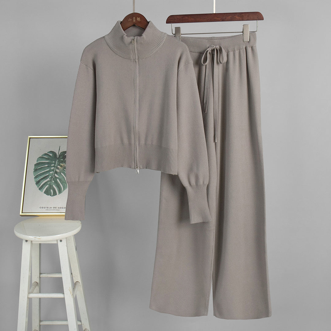 Damen Modisches Strickensemble mit Zip-Kragen und weitem Schnitt Drune