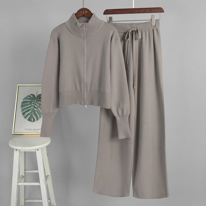 Damen Modisches Strickensemble mit Zip-Kragen und weitem Schnitt Drune