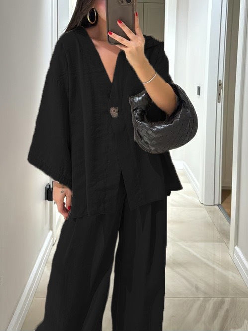 Damen nan lockeres Leinenoptik-Zweiteiler mit Kimono-Blazer und weitem Palazzo-Hose Drune