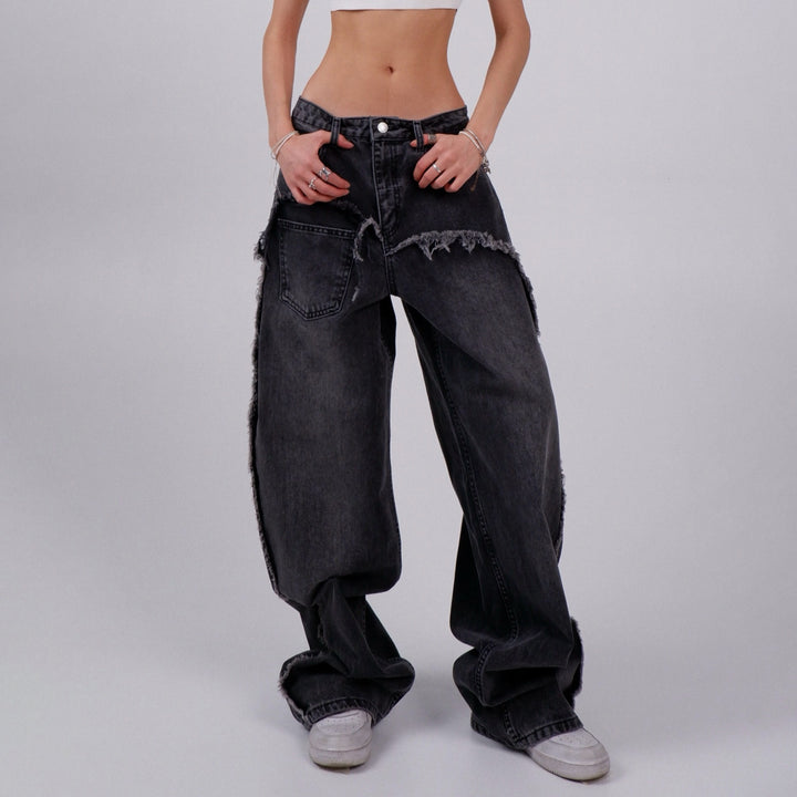 Damen Distressed Wide-Leg Jeans mit fransigen Abschlüssen Drune