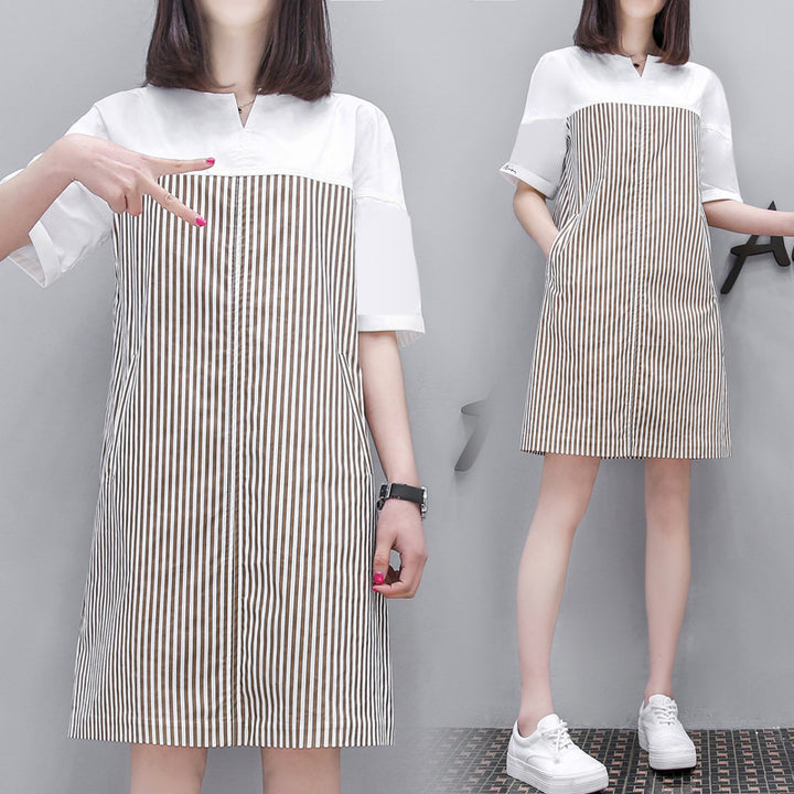 Damen Hemdkleid mit gestreiftem Design und kurzen Ärmeln Drune