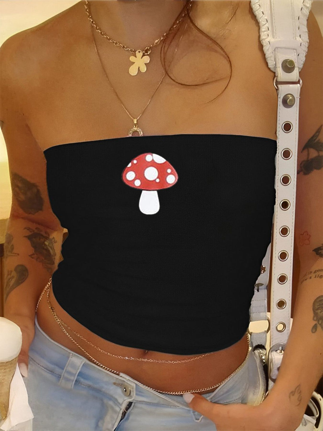 Damen Bandeau-Top mit stylischem Rock-Star-Print Drune