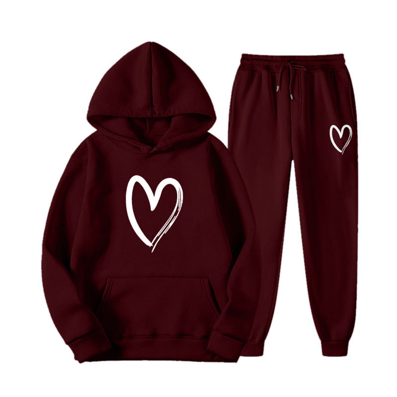 Damen Sweatsuit mit Kängurutasche und herzförmigem Print Drune