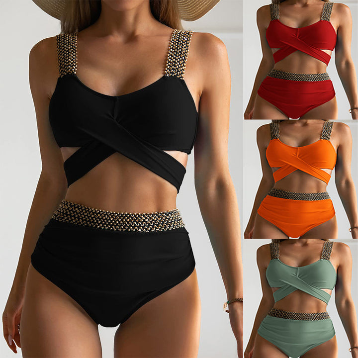 Damen Hochgeschnittener Bikini mit modischem Wickeloberteil und glamourösen Akzenten Drune