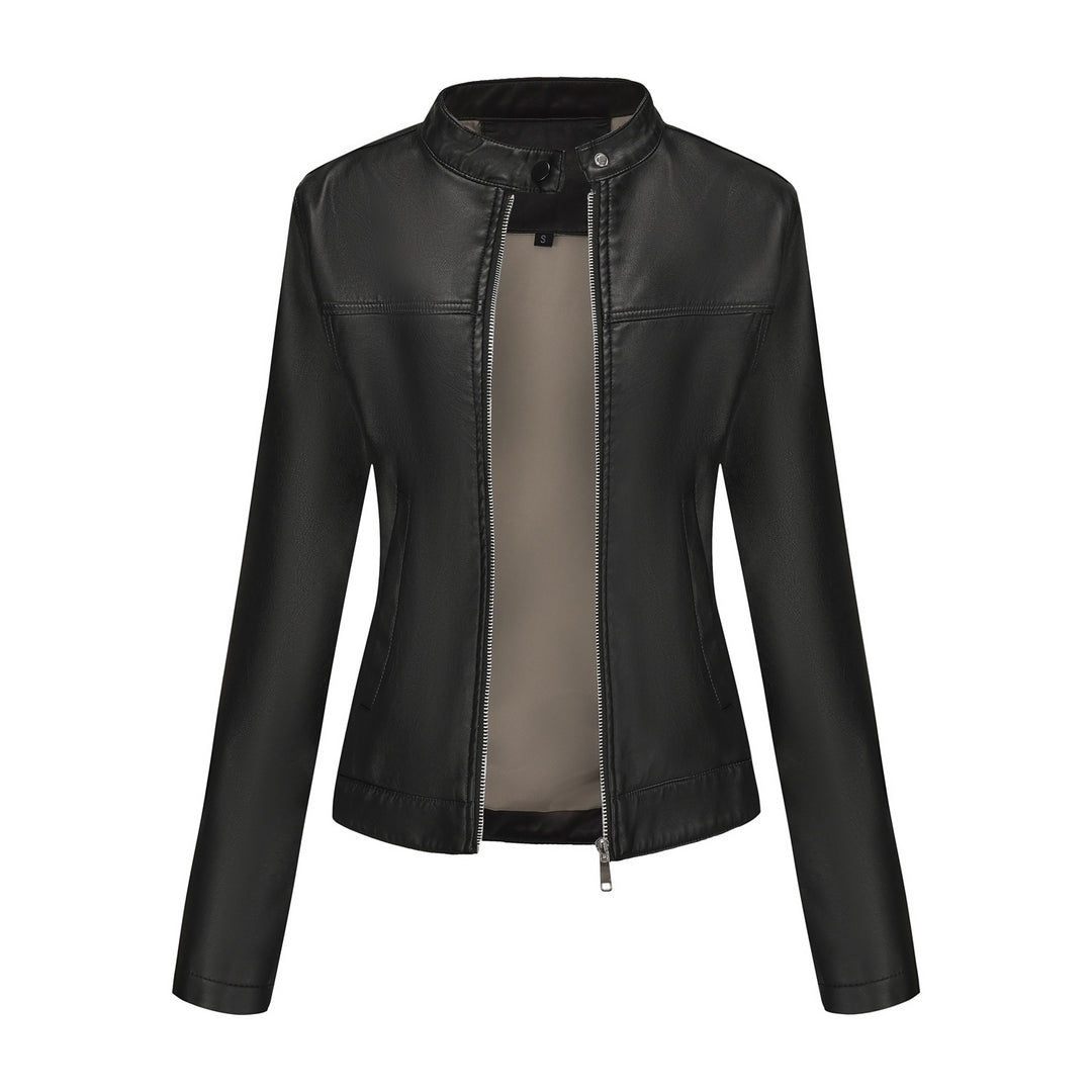 Damen nan taillierte Kunstlederjacke mit Stehkragen, verdecktem Reißverschluss und cleanem Minimaldesign Drune