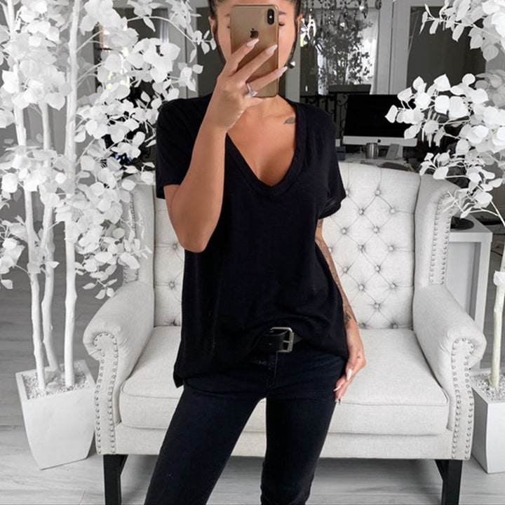 Damen Lässiges T-Shirt mit tiefem V-Ausschnitt und lockerer Passform Drune