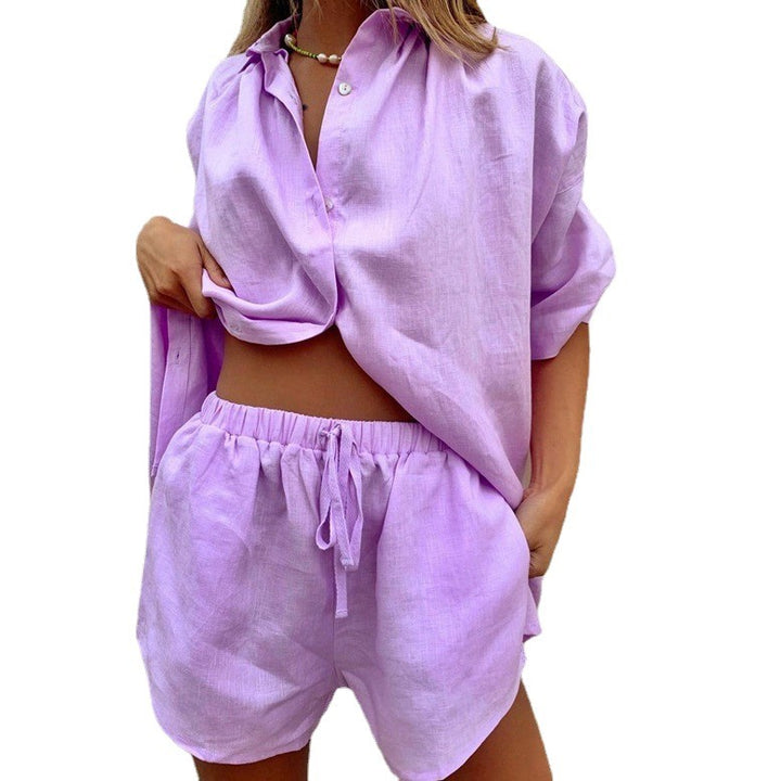 Damen lässiges Leinenhemd mit Shorts-Set Drune