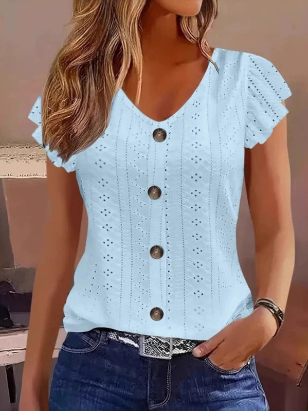 Damen luftige Bluse mit filigranem Lochmuster und Knopfdetails Drune